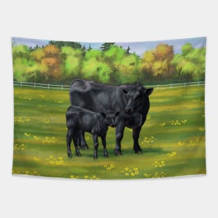 Black Angus Cow and Cute Calf in Summber Pasture Tapestry