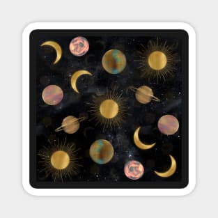 Gold Sun Moon Planets Space illustration Magnet