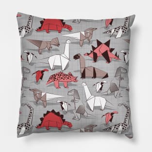 Origami dino friends // pattern // grey linen texture background red white and beige dinosaurs Pillow