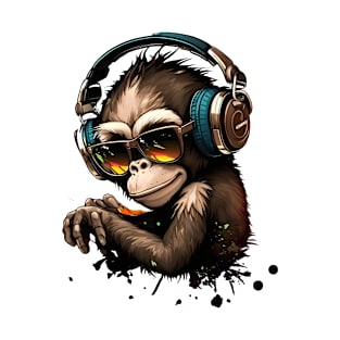 monkey in tune with his headphones and glasses listening to new music T-Shirt