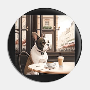 French Bull Dog in a French Bistro Coffee Illustration Pin