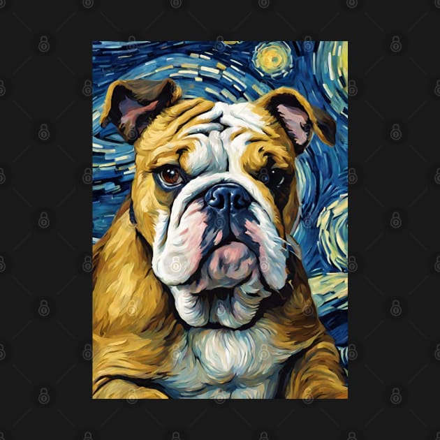 English Bulldog Dog Breed Painting in a Van Gogh Starry Night Art Style by Art-Jiyuu