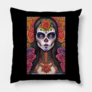 Sugar Skull Art Featuring Girl in Skull Makeup Pillow