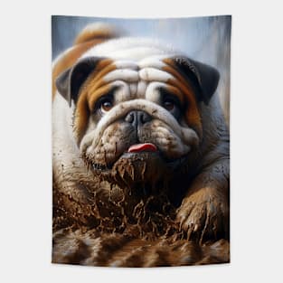 English Bulldog Playing in the Mud Tapestry