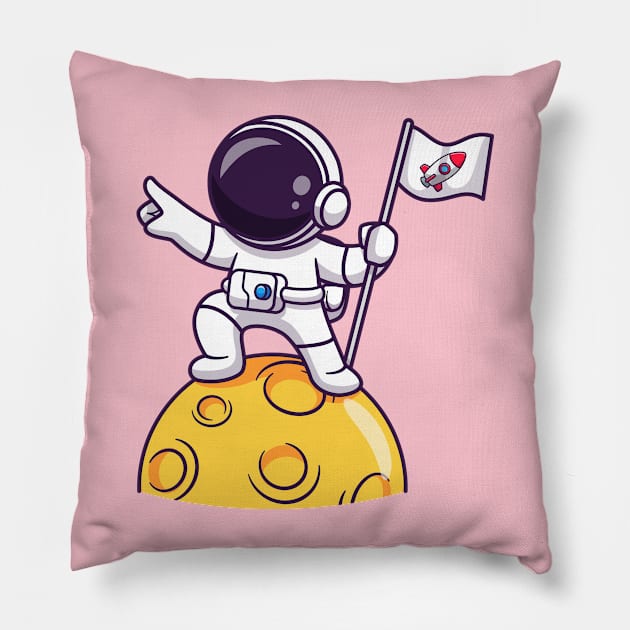 Cute Astronaut Holding Flag On Moon Cartoon Pillow by Catalyst Labs