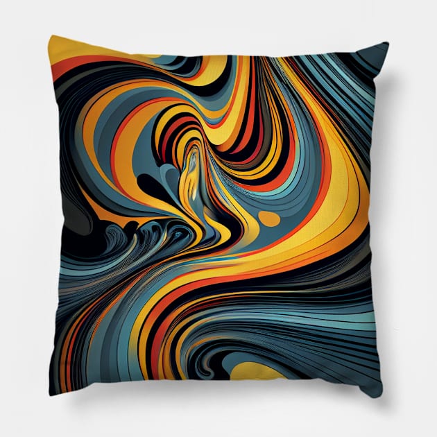 Liquid Swirl Contemporary Abstract Pattern in Orange, Yellow, Black, Navy, Blue, Green, Brown, Cream, Gold, Red Pillow by HiArtify