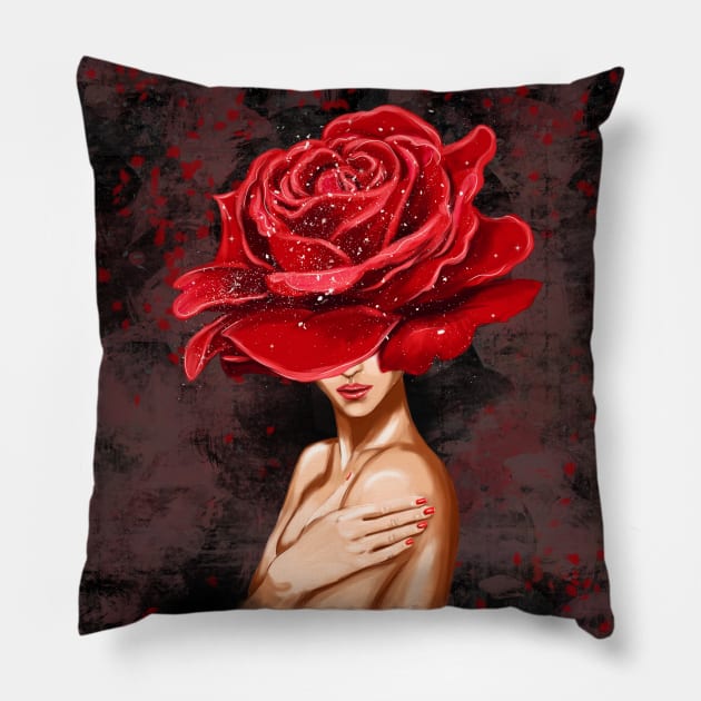 Girl with a big red rose on her head Pillow by Olena Tyshchenko