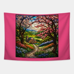 Stained Glass Springtime Path To A Cabin Tapestry