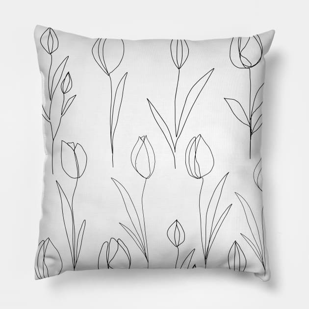 Tulip One Line Art Flowers Black And White Pillow by ArunikaPrints