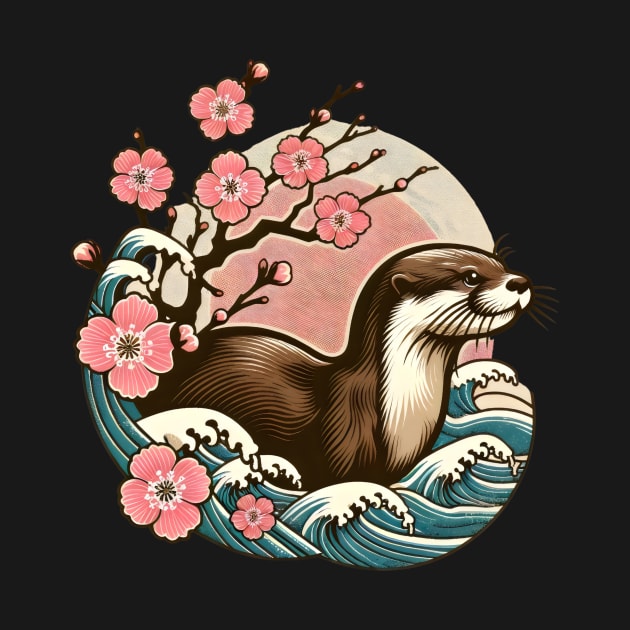 Aquatic Animal Vintage Sunset Art Floral Japanese Otter by Willie Biz Merch