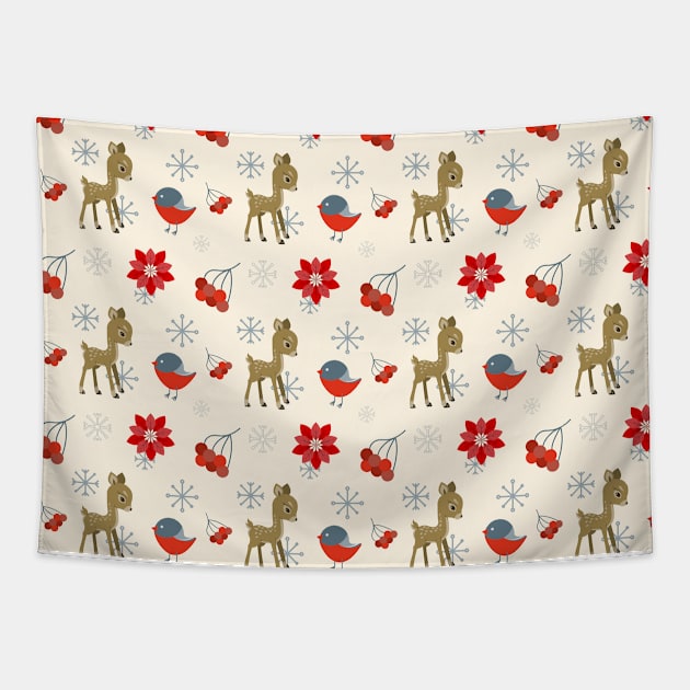 Little deer, bullfinch bird, red rowan berries and poinsettia Tapestry by Cute-Design