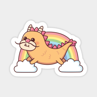 Cute Yellow Dragon Flying Among The Clouds And Rainbow Magnet