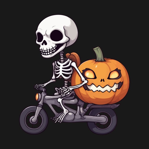 Skeleton Riding Vintage Bicycle Halloween Funny Pumpkin by Rishirt