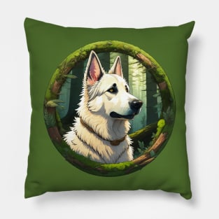 White German Shepherd Dog In A Mossy Forest Pillow