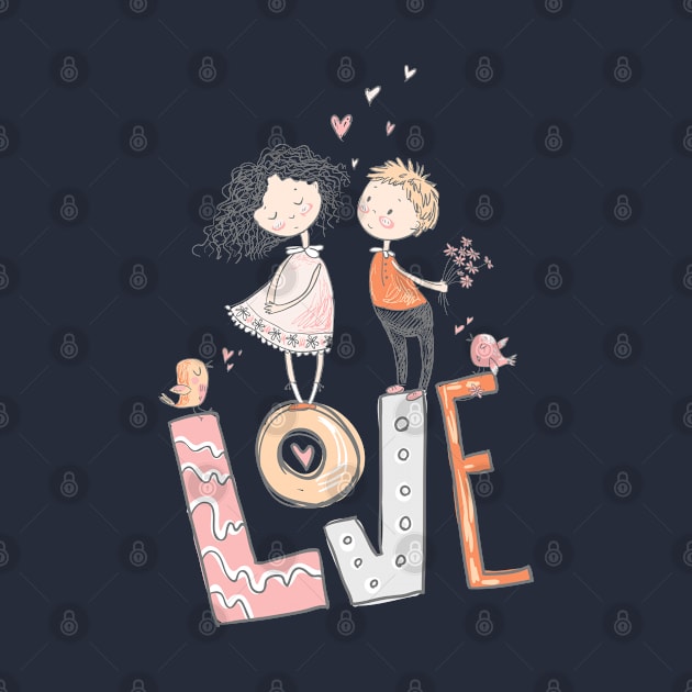 Big Love Cute Whimsically Drawn Girl and Boy by Lucia