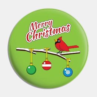 Red Cardinal on Christmas Bare Branch - Merry Christmas Pin