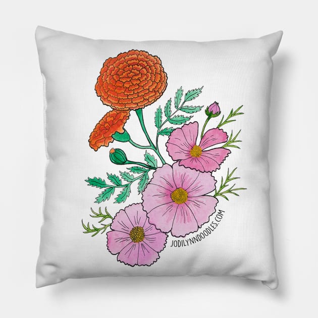 October Birth Flowers Marigolds and Cosmos Pillow by JodiLynnDoodles