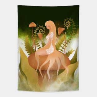 Beautiful fairy with mushrooms in magical plant kingdom Tapestry