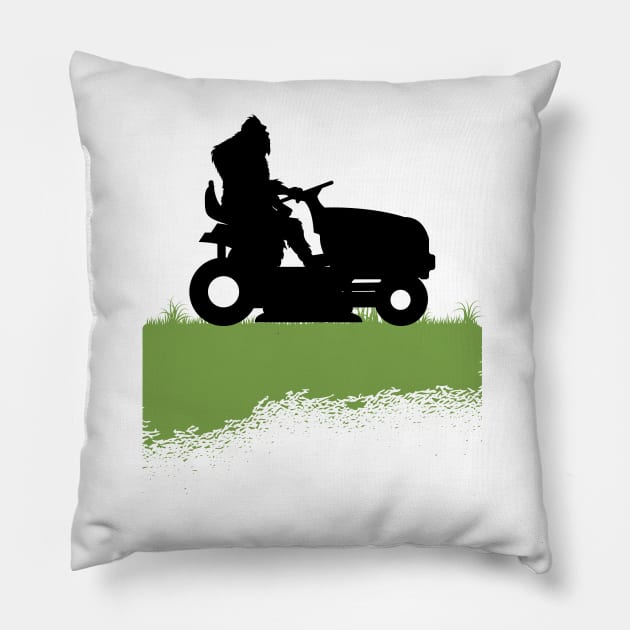 Bigfoot Riding Lawnmower Sasquatch Mowing The Lawn Grass Pillow by Tesszero