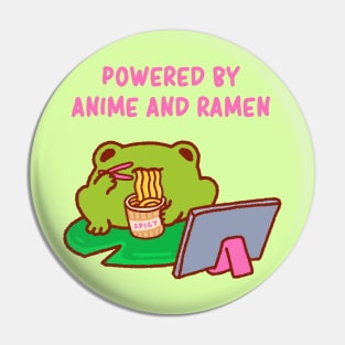 Powered by anime and ramen, anime fan, funny anime quote, cute anime lover frog Pin