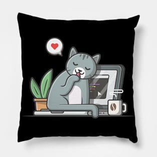 Cute cat with laptop Pillow