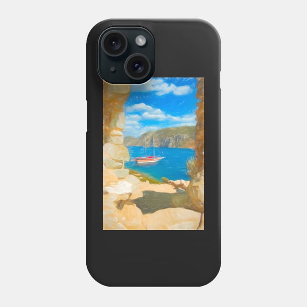 Sailboat anchored in an aegean bay in Turkey Phone Case by stuartchard