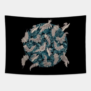 Ernst Haeckel Blue Hued Nudibranch on Cerulean Sea Squirts Tapestry