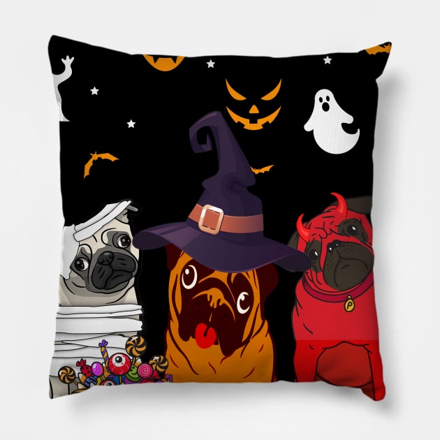 Funny Three Pug Halloween Pillow by Bensonn
