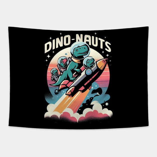 "Dino-Nauts" Dinosaurs in a Rocketship in Outer Space Tapestry by SimpliPrinter