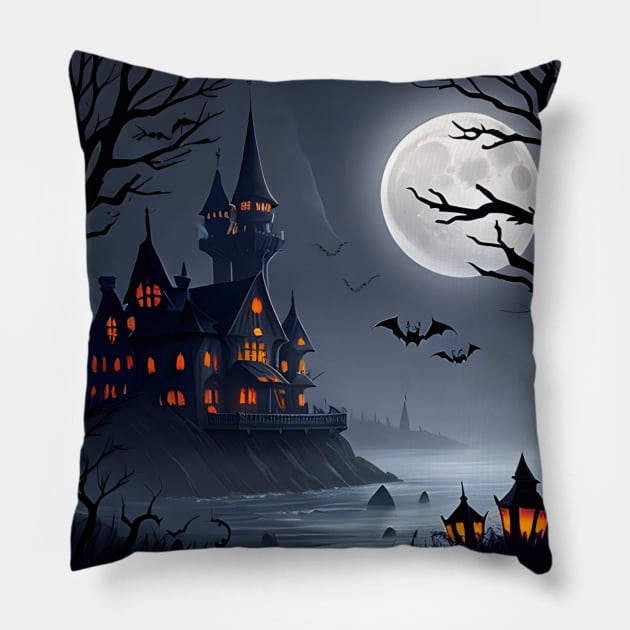 Edge of Darkness - Spooky Waterside House Pillow by Salaar Design Hub