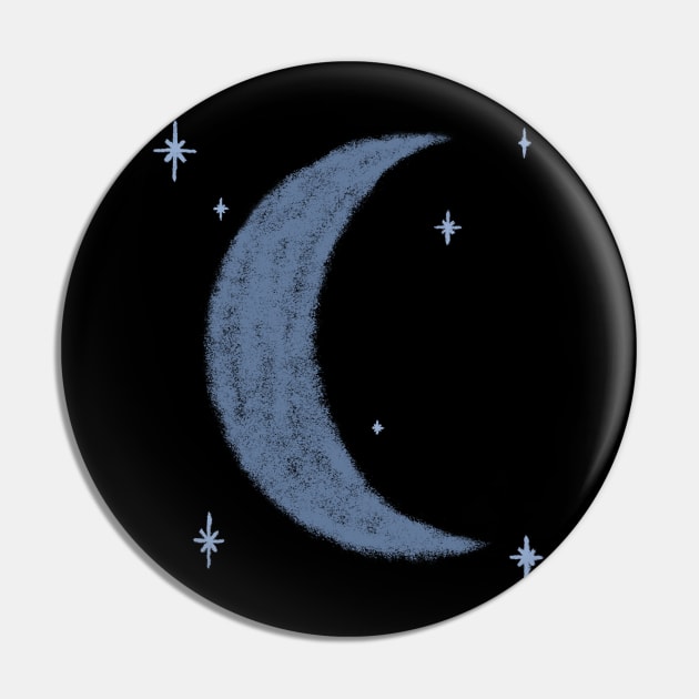 Blue Moon and Stars Graphic Art Textured Celestial Pin by Moonlit Midnight Arts