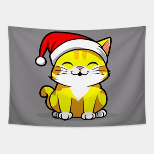 Funny Cat Wears Santa Christmas Hat - Meowy XMas T-Shirt Tapestry