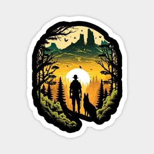 Man & Dog Hiking At Sunset Magnet