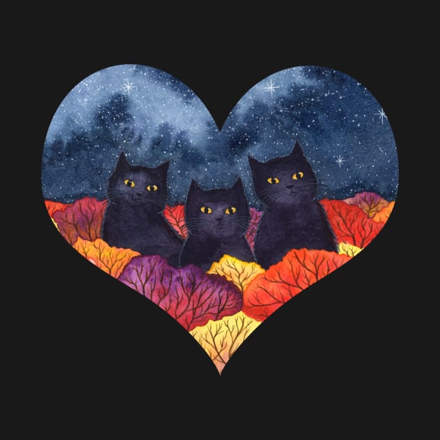 Black Cats Autumn Heart Watercolor by dragonstarart