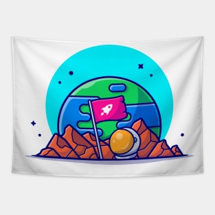 Standing Flag on Planet with Astronaut Helmet Space Cartoon Vector Icon Illustration Tapestry