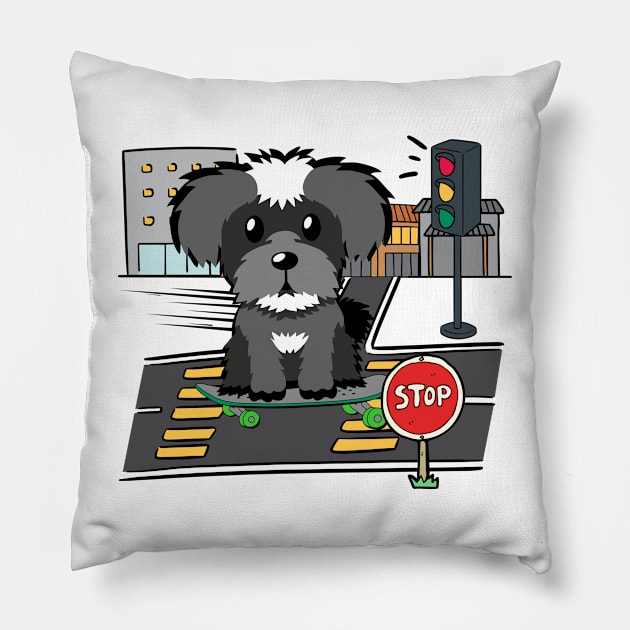 Funny schnauzer is on a skateboard Pillow by Pet Station