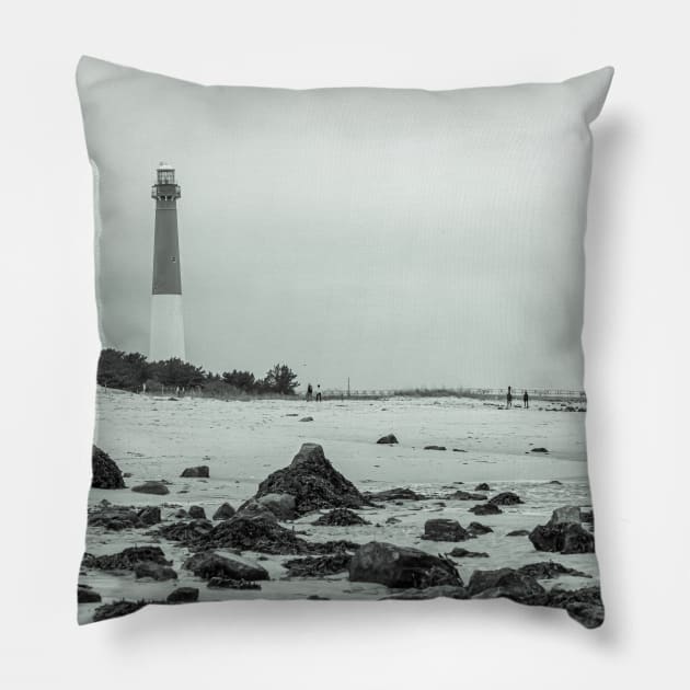 Barnegat Lighthouse in black and white Pillow by ShootFirstNYC