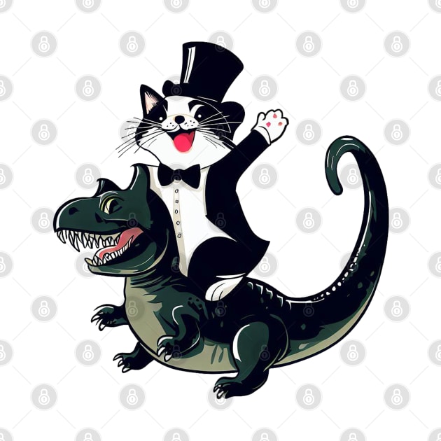 Happy cat riding a dinosaur vector funny design for cats and dinosaurs lovers by RickandMorty
