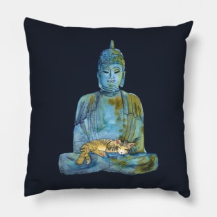 Watercolor Buddha Statue with Sleeping Tabby Cat Pillow