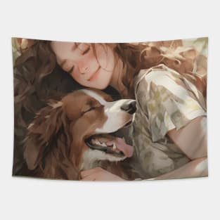 Girl sleeping with dog Tapestry