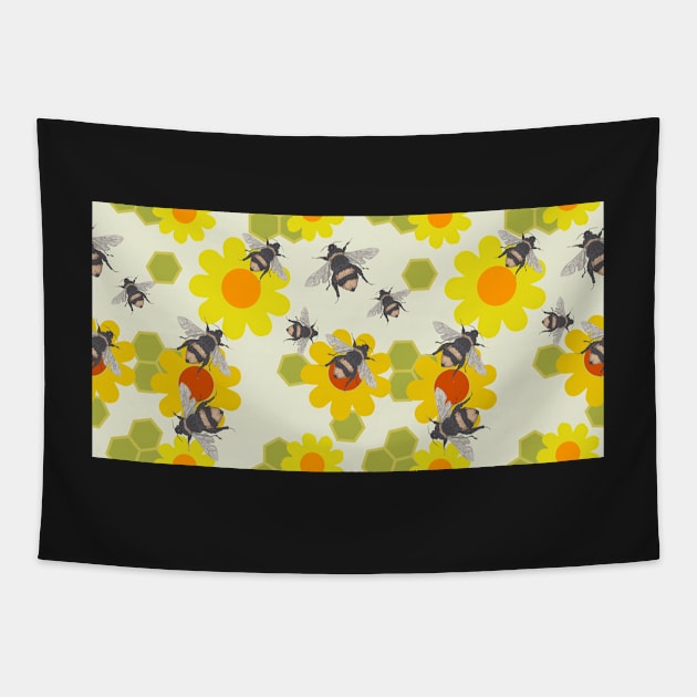 A glorious swarm of busy on bright yellow, retro flowers. Tapestry by krisevansart