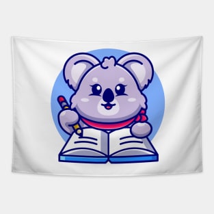 Cute koala writing on book with pencil cartoon Tapestry