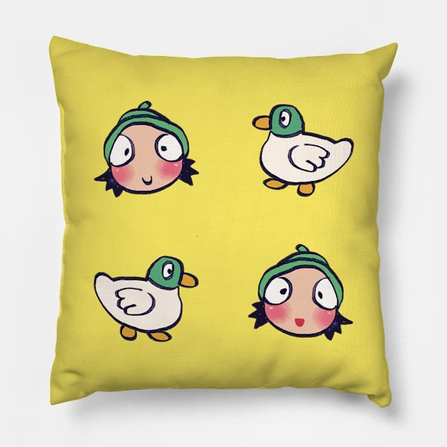 sarah and duck pattern / cute children's cartoon Pillow by mudwizard