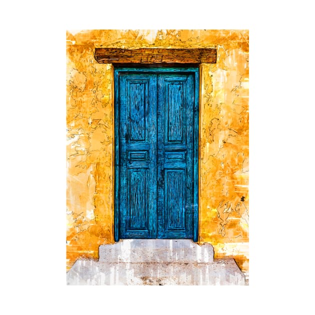 Vintage Old Blue Wooden Door And Yellow Wall by ColortrixArt