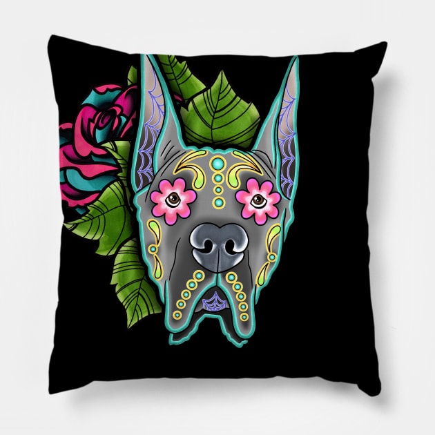 Great Dane - Cropped Ear Edition - Day of the Dead Sugar Skull Dog Pillow by prettyinink