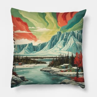 Yellowknife Canada Aurora Borealis Vintage Poster Tourism RIver Pillow