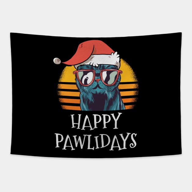 Happy Pawlidays Cat Christmas New Year Tapestry by funkyteesfunny