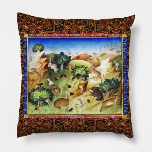 BOOK OF HUNTING,RABBITS IN WOODLAND LANDSCAPE, GREENERY Medieval Miniature Pillow