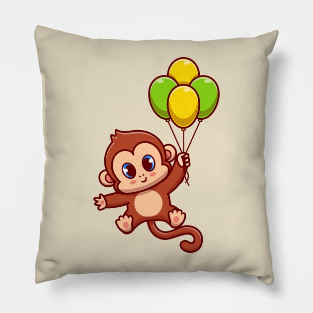 Cute Monkey Flying With Balloon Cartoon Pillow by Catalyst Labs
