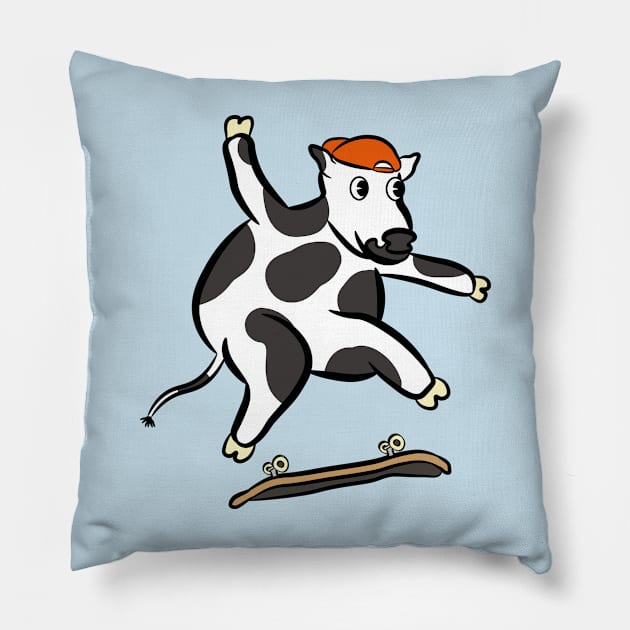 Cartoon cow doing a kickflip skating gnarly Pillow by Captain-Jackson